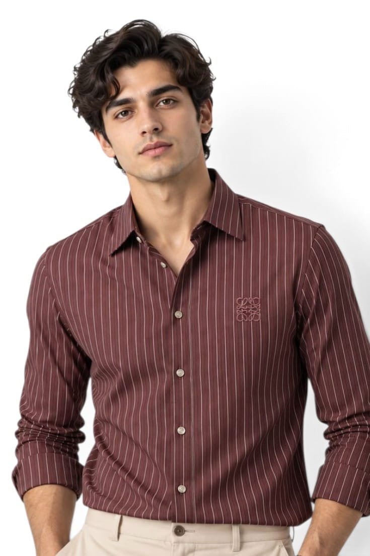 Premium Bordeaux Pinstripe Signature Shirt For Men