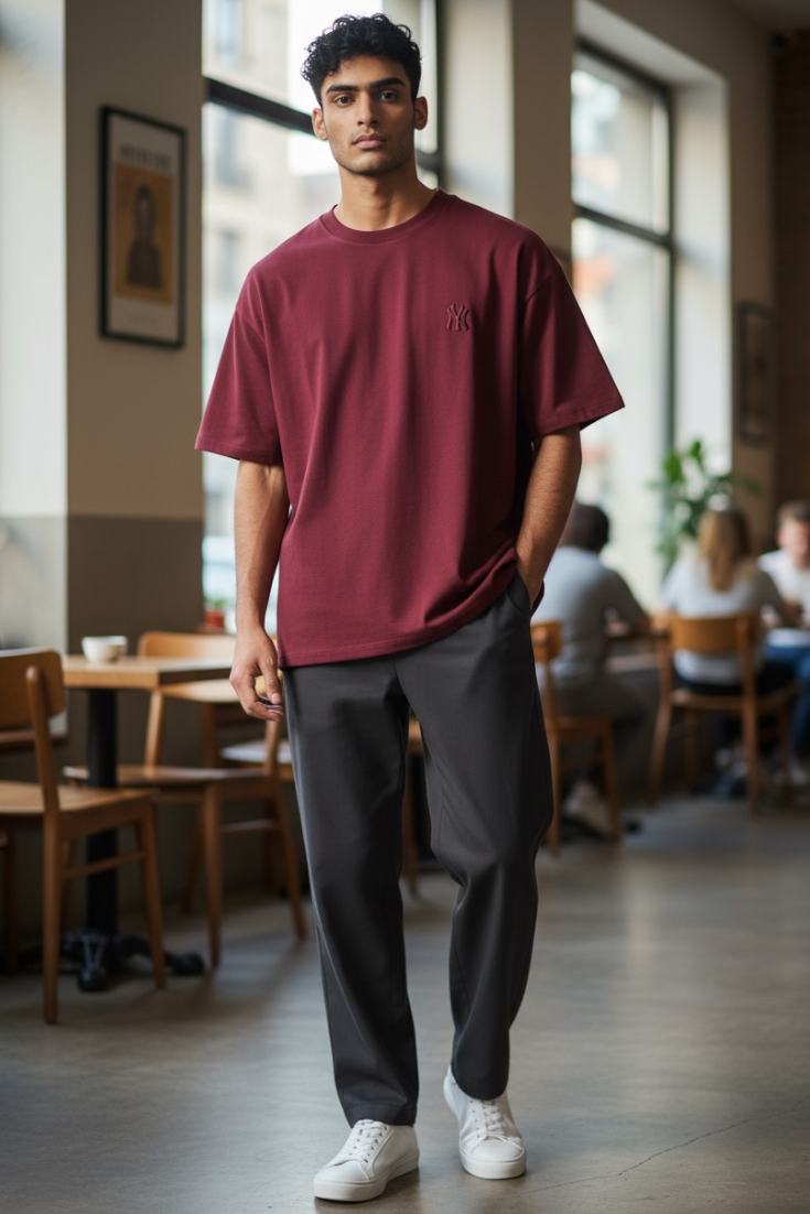 Luxury Round Neck Tshirt With Drop Shoulder And Embroidery Print