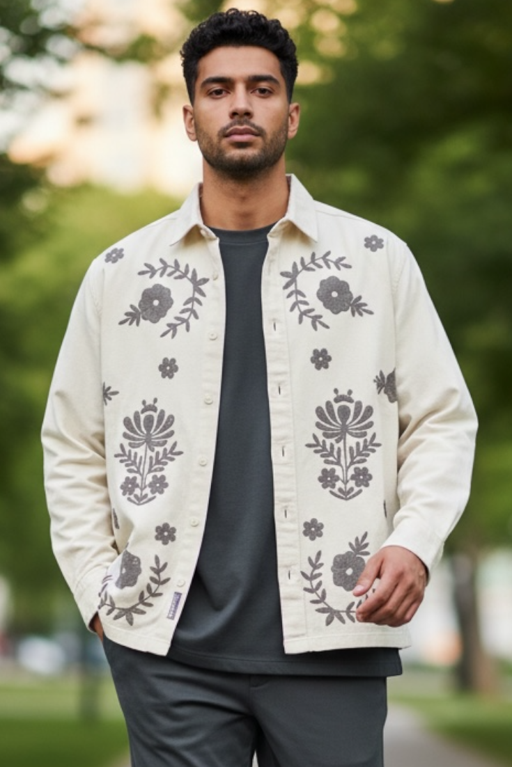 Premium Men Shacket - Jute  Shirts With Embroidery